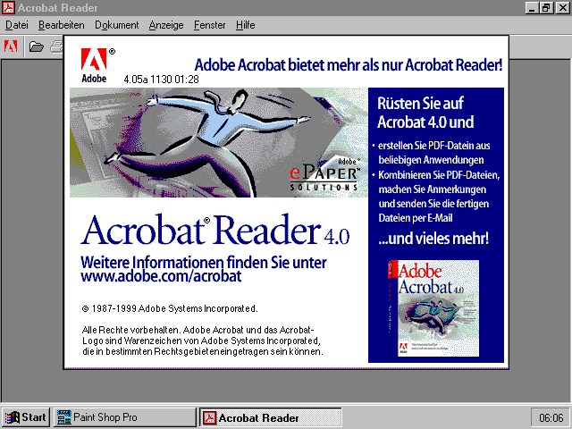 Unter Win95 laufen auch neuere Versionen des AcrobatReaders, aus Geschwindigkeitsgr&uuml;nden beschr&auml;nke ich mich aber auf die Version 4...
