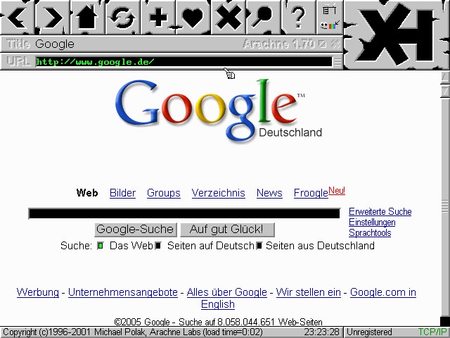 Der Dos-Browser Arachne schl&auml;gt sich gut in der Darstellung von z.B. www.google.de...
