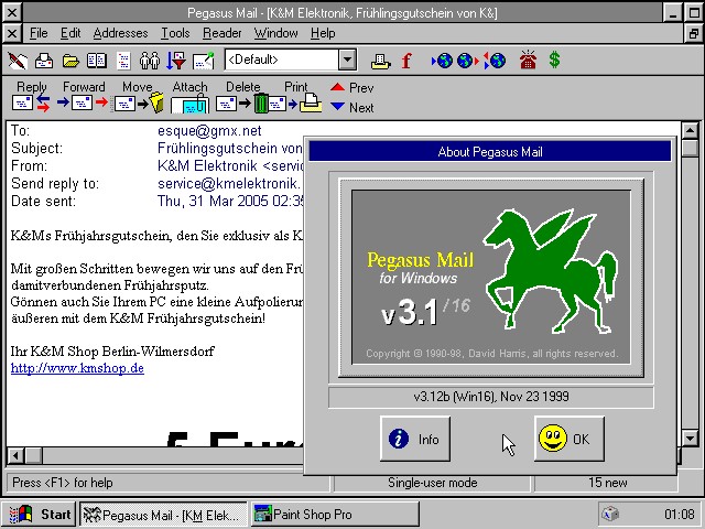 Pegasus Mail 3.1 kann mit ein paar Verrenkungen auch mehrere Postf&auml;cher verwalten
