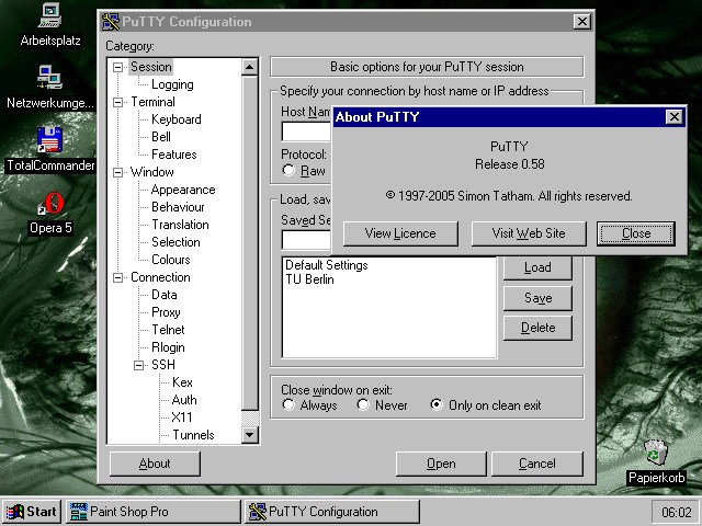 Mit Putty haben ich einen Telnet-, Rlogin- und SSH-Client<BR>(PSftp und Pscp f&uuml;r sichere FTP- und SCP-Verbindungen sind auch dabei)
