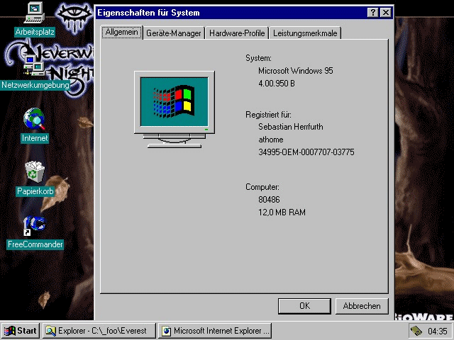Windows 95c l&auml;uft auch mit 12 MB Ram auf einem 486er
